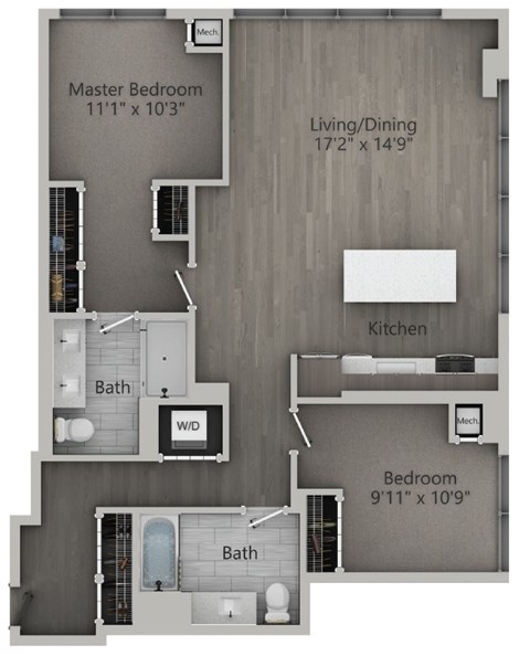 Floor plan for 2 beds, 2 baths, 1160 sqft